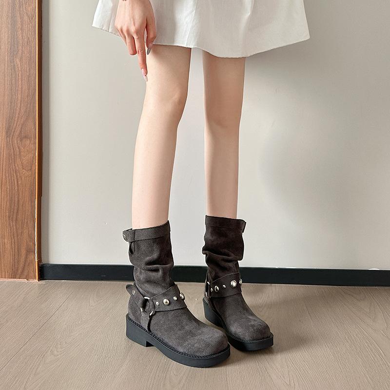 New spot British style thick heel Martin boots women's 2025 new western stacking boots metal buckle versatile thick bottom