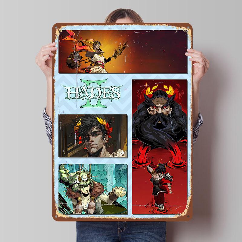 Hades II Game Characters Collage Poster Customized Vintage Metal Signs Wall Art Retro Tin Plaque for Living Room Decorations