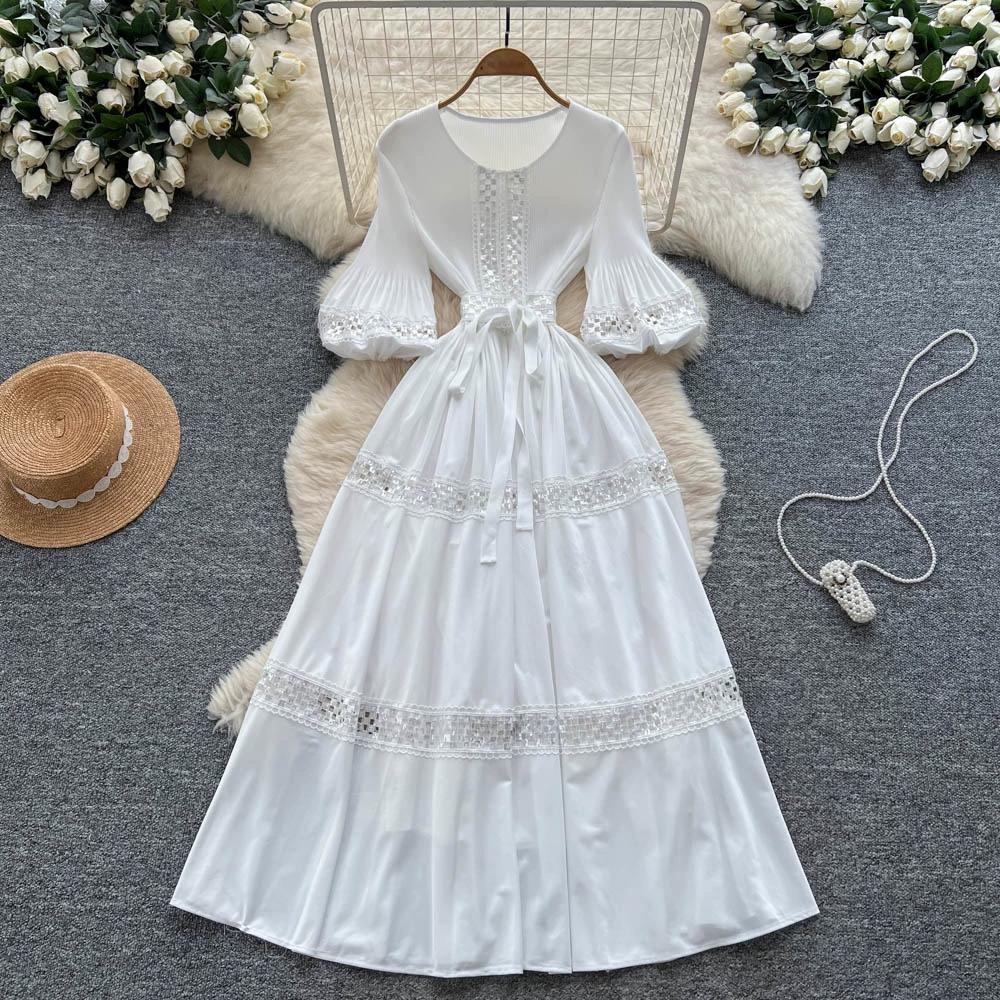 High-End Heavywork Lacing Paillette-Panel Waist-Banding Lantern Sleeve Maxi Dress for Women Autumn Charming Long Women Dress