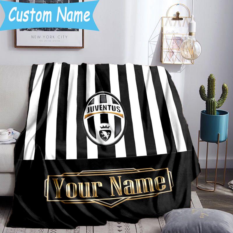 Custom Name Juventus Football Crest Flannel Blanket, Use for Birthday/Holiday Gift, Soft Blanket for Sofa/Bed/Camping/Office, Home Decor