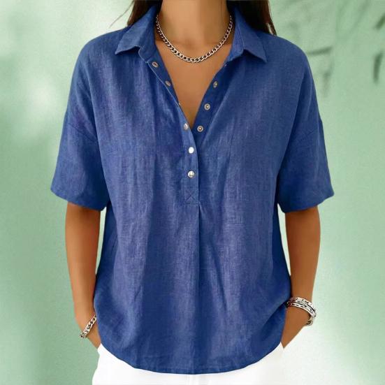 Women Shirt Lapel Buttons Half Placket Short Sleeve Shirt Tops Pure Color Loose Fit Casual Blouse Vacation Date Casual Wear