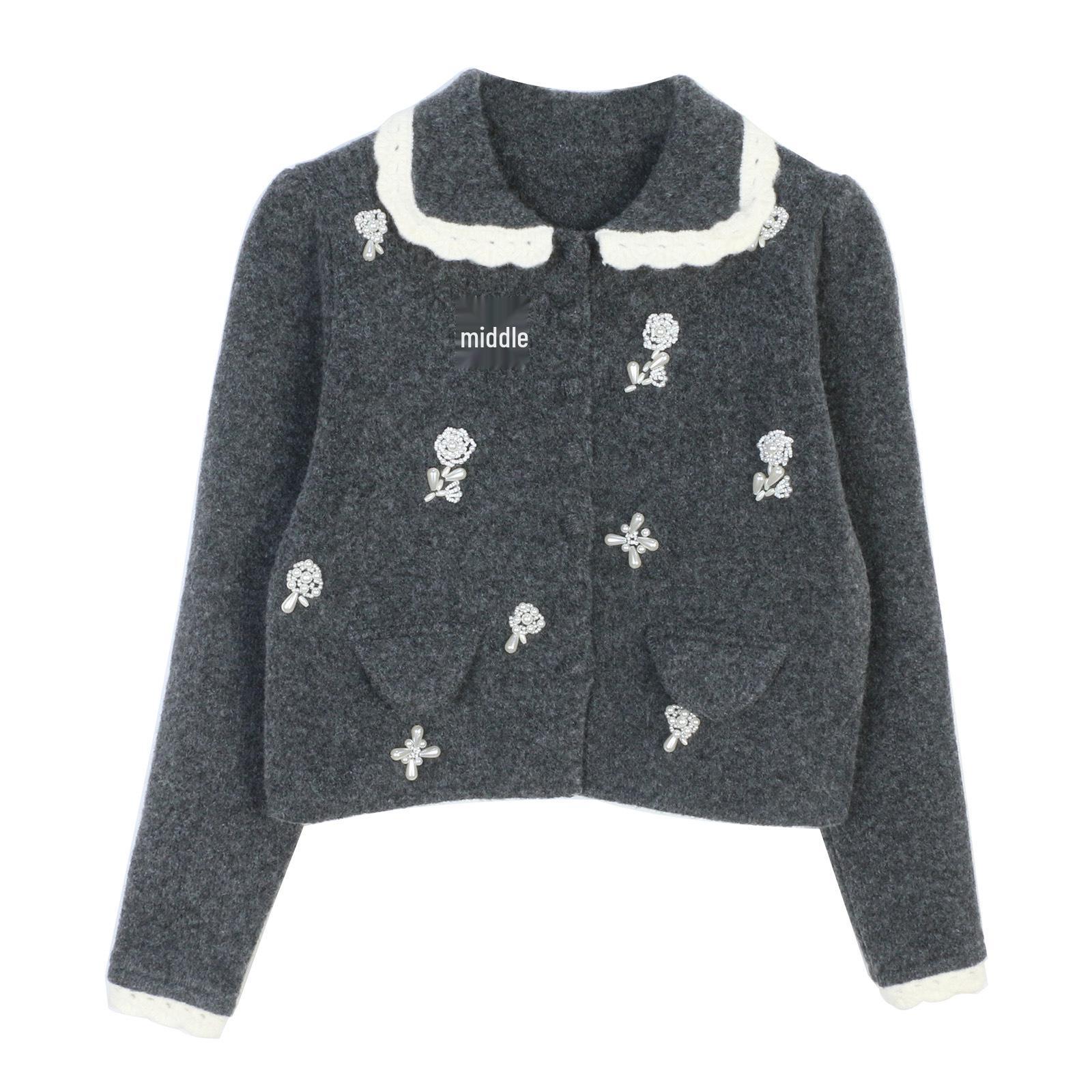 

Весенне-зимний серый свитер с бисером и воротником Питер Пэн, вязаный кардиган и юбка для женщин Small