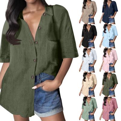 Women's Color Cotton Linen Button-up Short Sleeve Loose Casual Work Shirt With Pocket