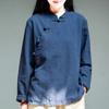 Damen-Langarmshirt aus Baumwolle und Leinen mit Stehkragen, Knopfleiste und Knöpfen im chinesischen Knotenmuster.