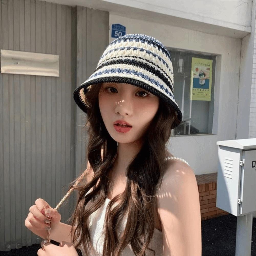 Colorful Knitted Bucket Hat Stripe Sun Protection Cap Elegant Sunshade Basin Cap  Women