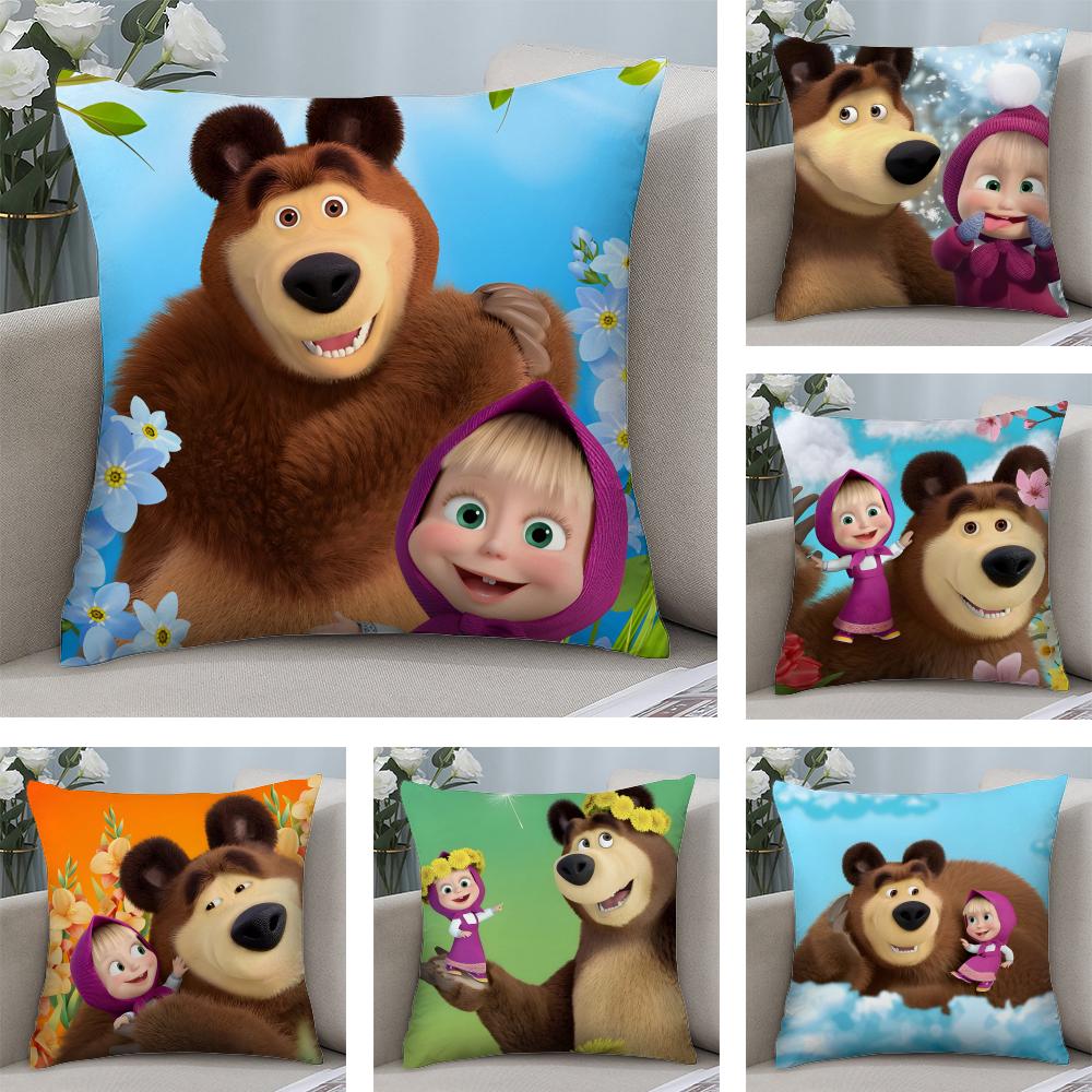 MMasha And The BearR Cartoon Cushion Cover Plush Fabric Soft DoubleSided Printed Sofa Warm Winter Home Child Gift Pillow Case