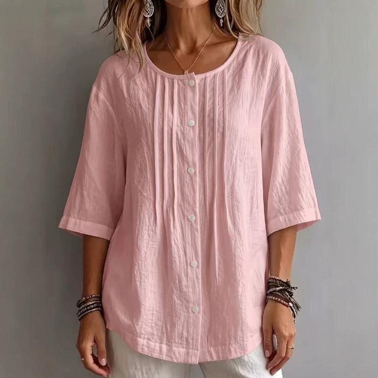 Damen V-Ausschnitt Kurzarm Bluse Lässig Lockerer Schnitt Knopfleiste Oberteil Einfarbige Sommer Strandhemd