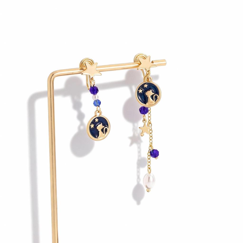 Elegant Cat Star Tassel Earrings for Women - Dreamy Niche Design with Mosquito Coil Clasp