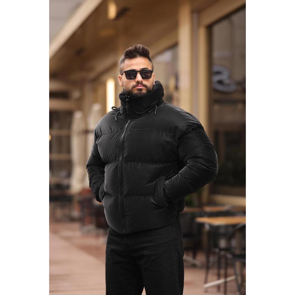 Concealable Hooded Men's Puffer Nubuck Leather Coat