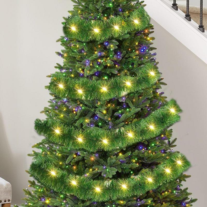 Christmas Tree Garland LED Light 49.21ft Tinsel Garland Shiny Green Streamers Ornaments Twist Light Strips Prelit Christmas
