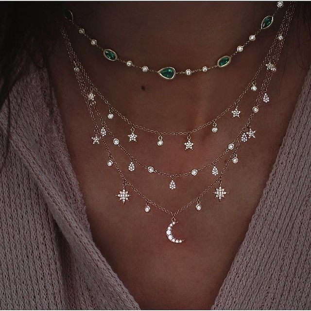 New Gold-plate Crystal Stars Pendant Necklaces For Women Necklace Multilevel Female Boho Vintage Jewelry Wedding Gift