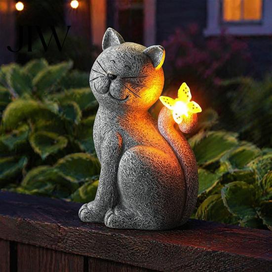 Handmade Stone Texture Decor Solar Cat Garden Statue, Cute Sculpture with Butterfly Light, Weather Resistant Yard Art Waterproof Resin Animal