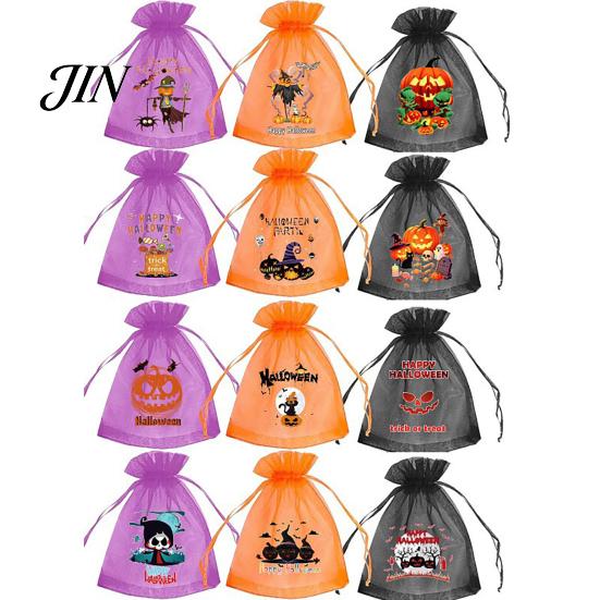 Halloween Candy Bag 12 Pcs Organza Bag, Drawstring Treat Pouch with Pumpkin Ghost Bat Party Favor Print, Sheer for Snacks, Trick or Gift Packaging