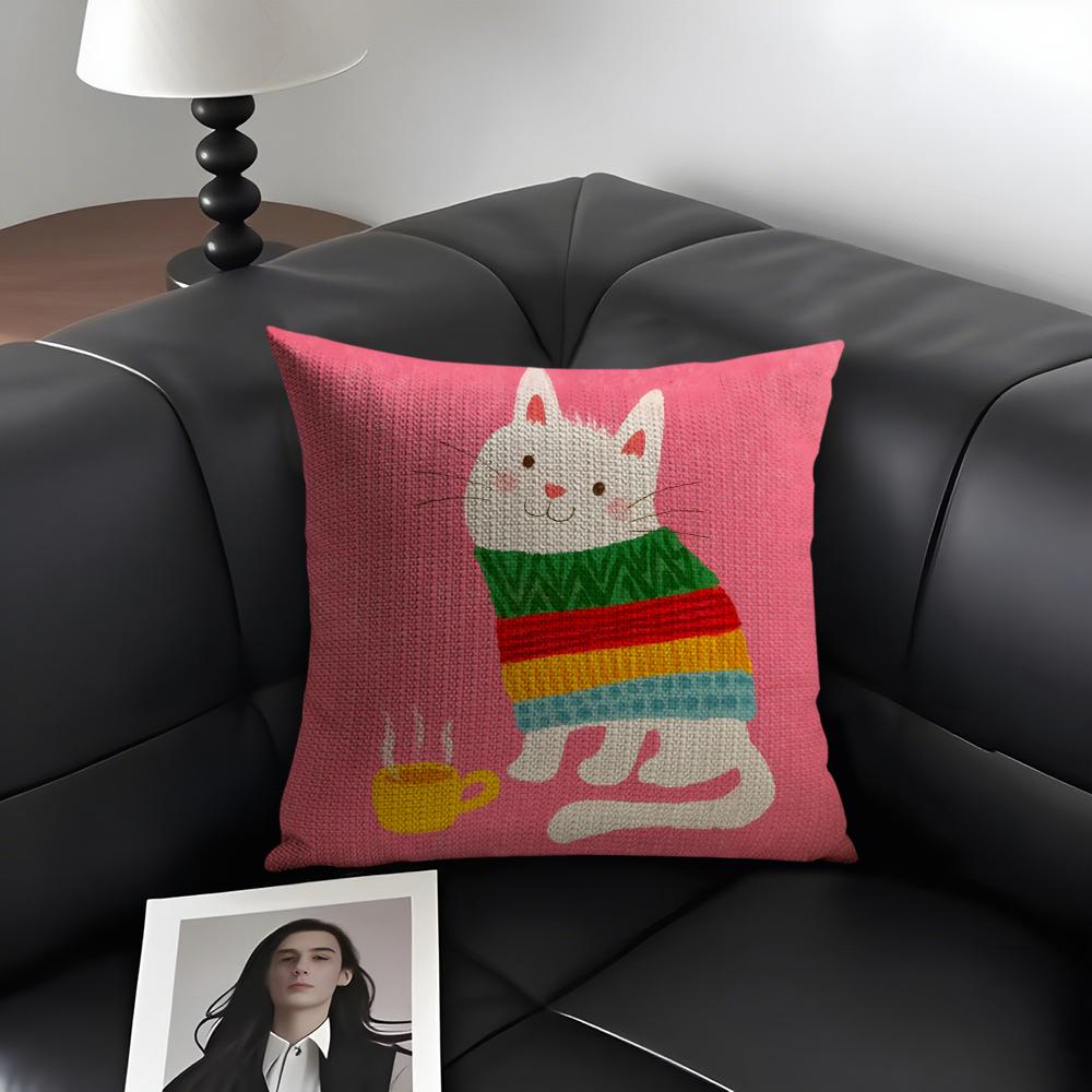 Cat Cute Cushion Cover Natural Linen Organic Fabric DoubleSided Printing Sofa Home Decor Gift Pillow Case