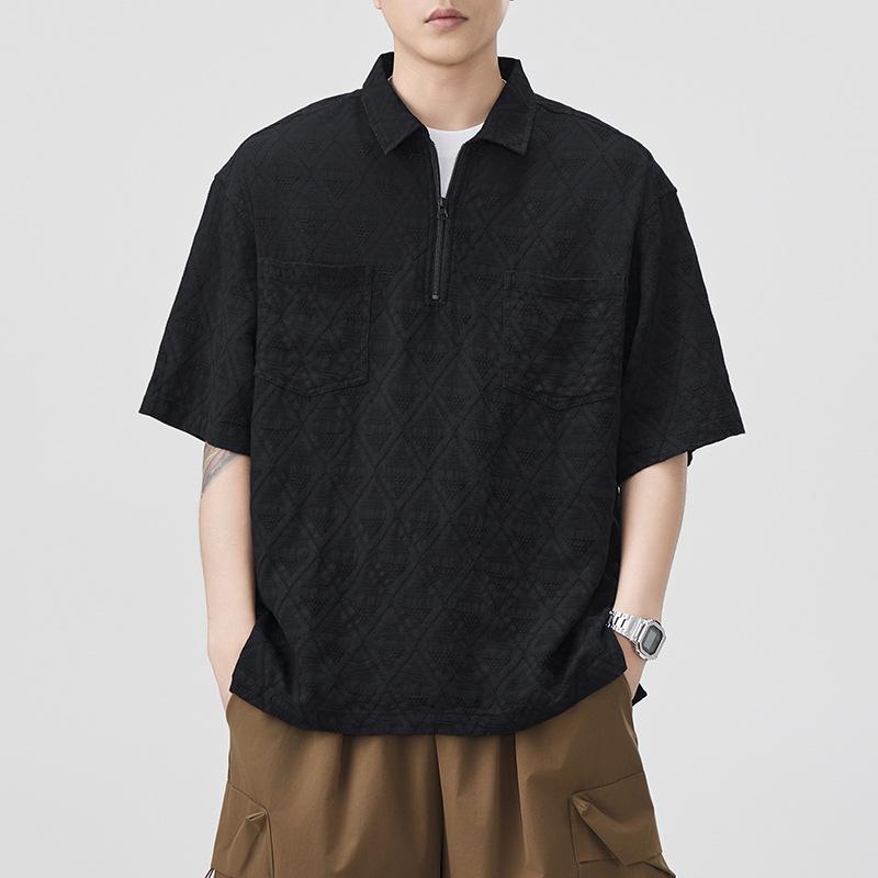 Americká Retro Texturovaná Košile s Krátkým Rukávem Pánská s Límcem Polo Japonská Čistá Bavlna Volná Košile s Krátkým Rukávem