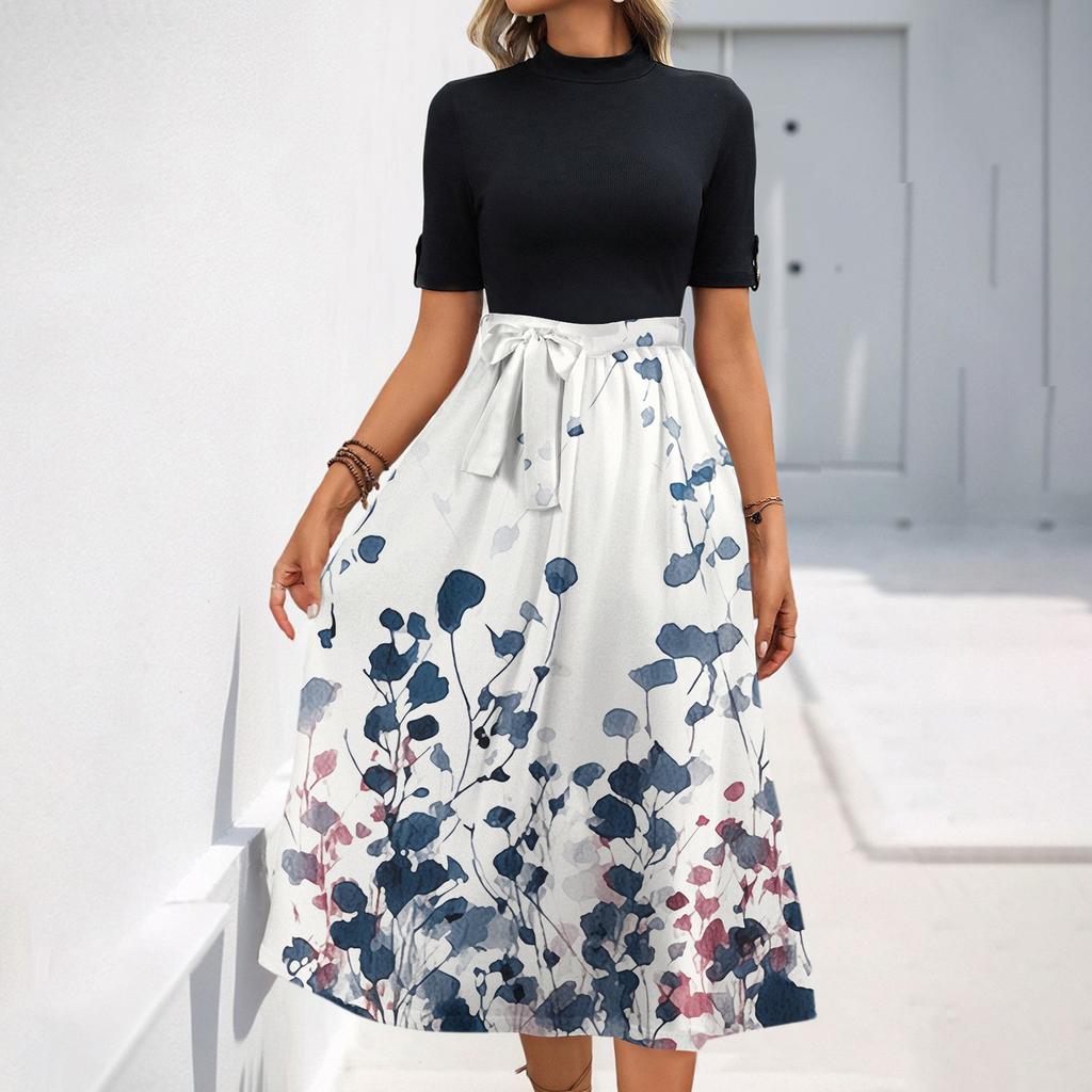 Women's Fashion Casual Belt Short Sleeve Round Neck Floral Elegant Temperament Dress