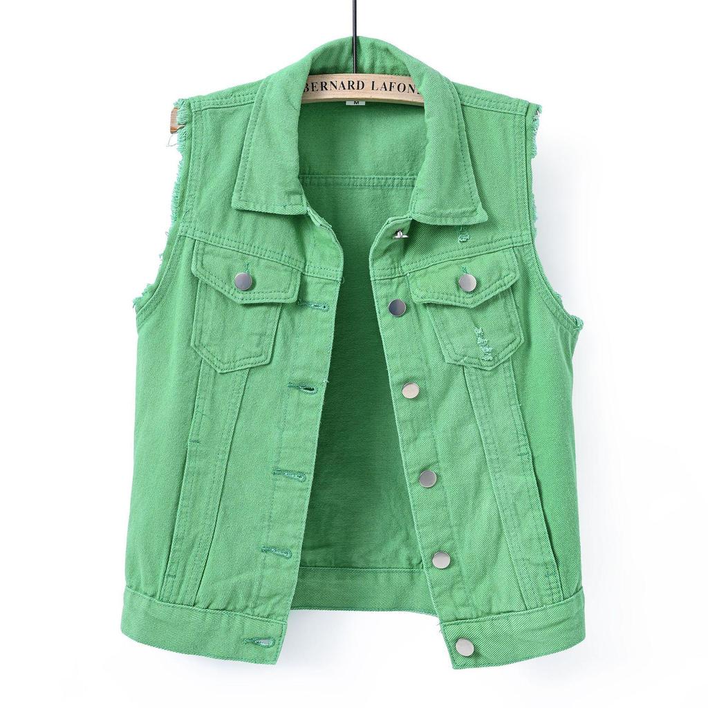 Women's Pink Frayed Denim Vest - Multicolor, Slim Fit, Sleeveless, Ripped Design for Spring/Summer