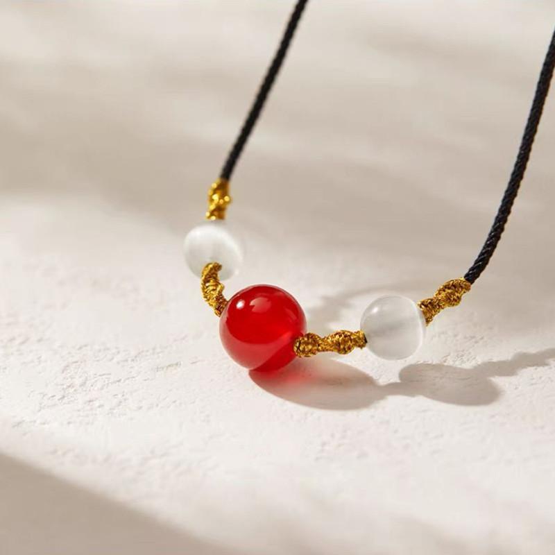 Human Acacia Bean Red Agate Necklace Bracelet Male And Female Couples Round Bead Clavicle Handmade Woven Rope