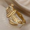 Exquisit Inlaid Rhinestone Feather Leaves Cuff Bracelets Fashion Gold Plated Stainless Steel Smooth Bangles Waterproof Jewelry