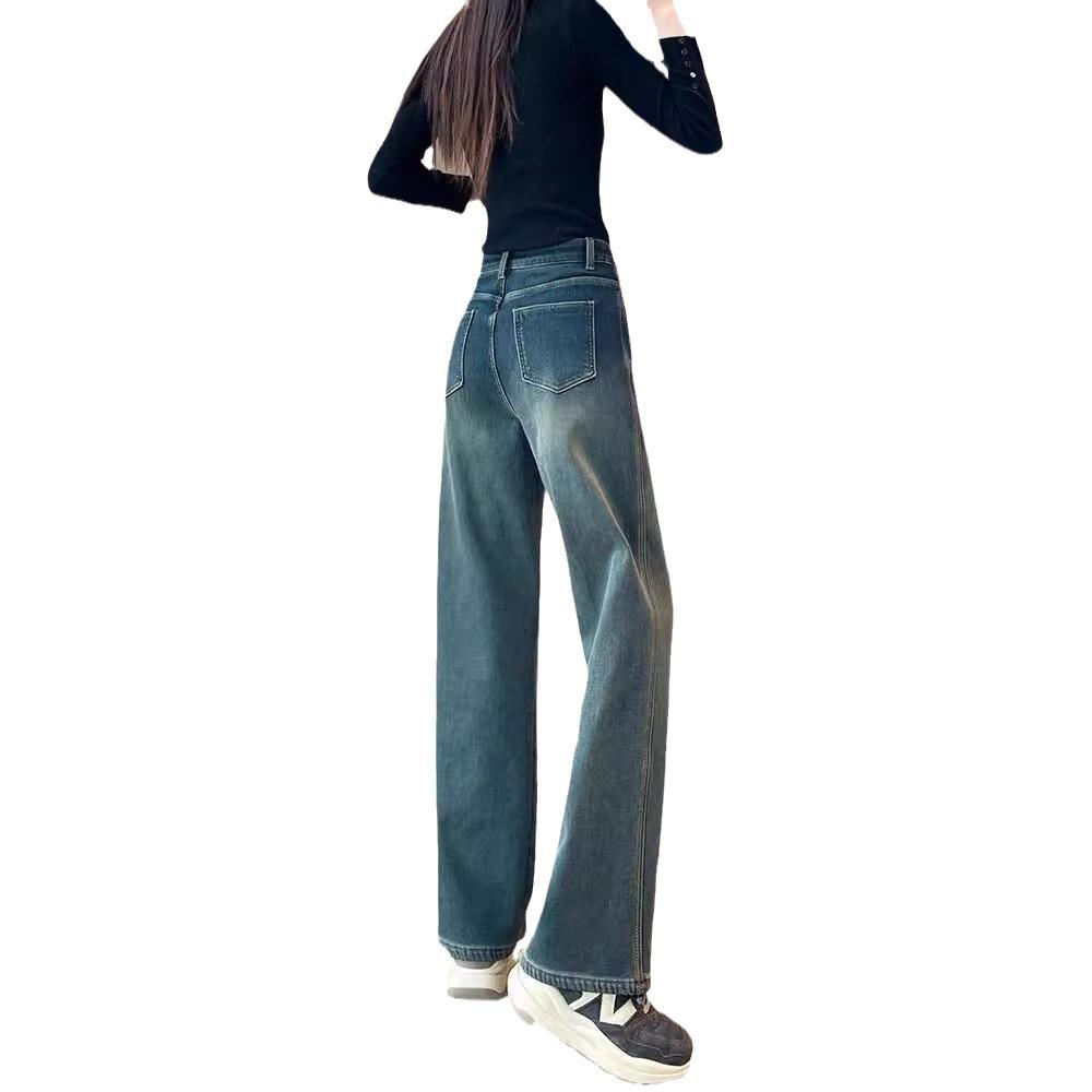 Dámské plyšové džíny s vysokým pasem a širokými nohavicemi - Zimní 2024 Retro rovné kalhoty