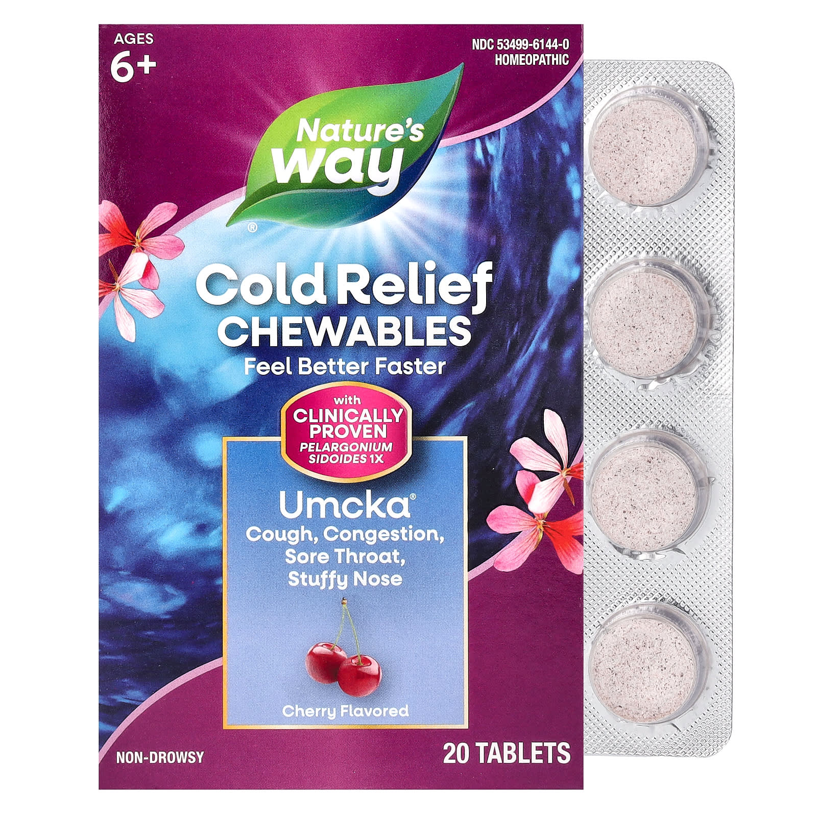 

Nature S Way, Umcka, Cold Symptom Relief Chewable, Ages 6 and Up, Cherry Flavor, 20 Tablets