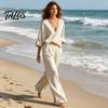 Talos Damen 2-teiliges Baumwoll-Leinen-Set, Langarm V-Ausschnitt Bluse und Weite Hosen passende Sommerurlaub Lounge Outfits