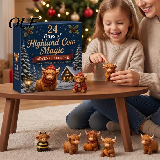 Cute Highland Cow Figurines 24 Days 3D Advent Calendar 2026, Farm Cattle Christmas Seasonal Home Decor Items Countdown Calendar, Collectible