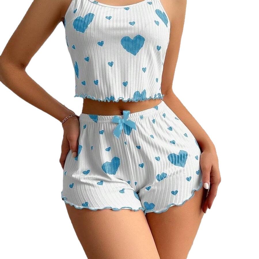 European and American Style Heart Print Camisole Shorts Ribbed Homewear Set
