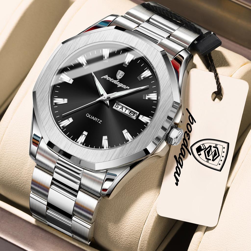 POEDAGAR Luxury Men Wristwatch Waterproof Luminous Week Date Casual Clock Stainless Steel Quartz Fashion Watches Reloj