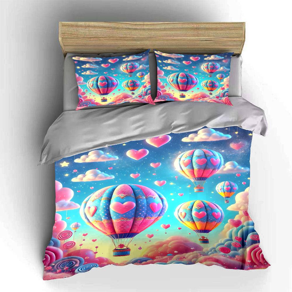 Romantic Hot Air Balloon Decor Multiple Sizes Kid'S And Adults' Bedroom Exquisite 3Pc Bedding Set, Gift