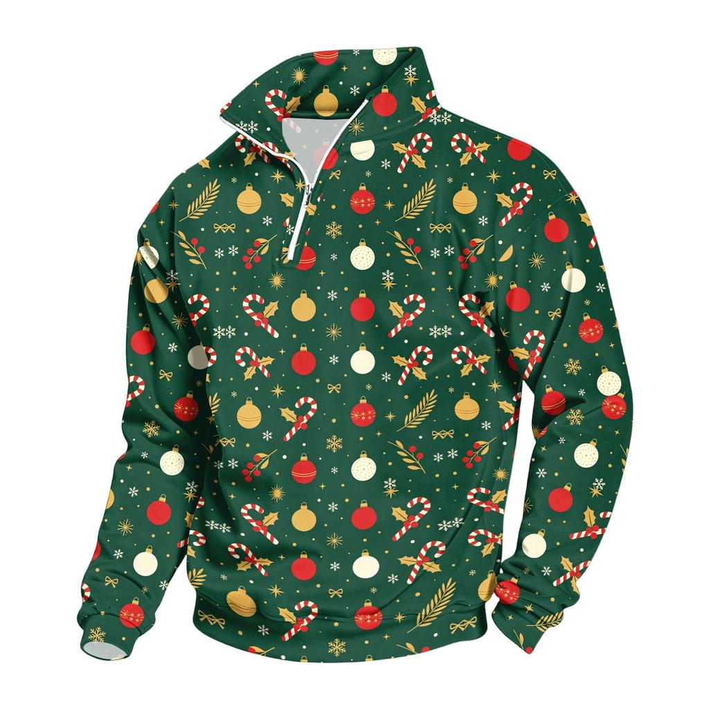 Men's Casual Quarter-Zip Stand Collar Sweatshirt with Christmas Print, Holiday Pullover