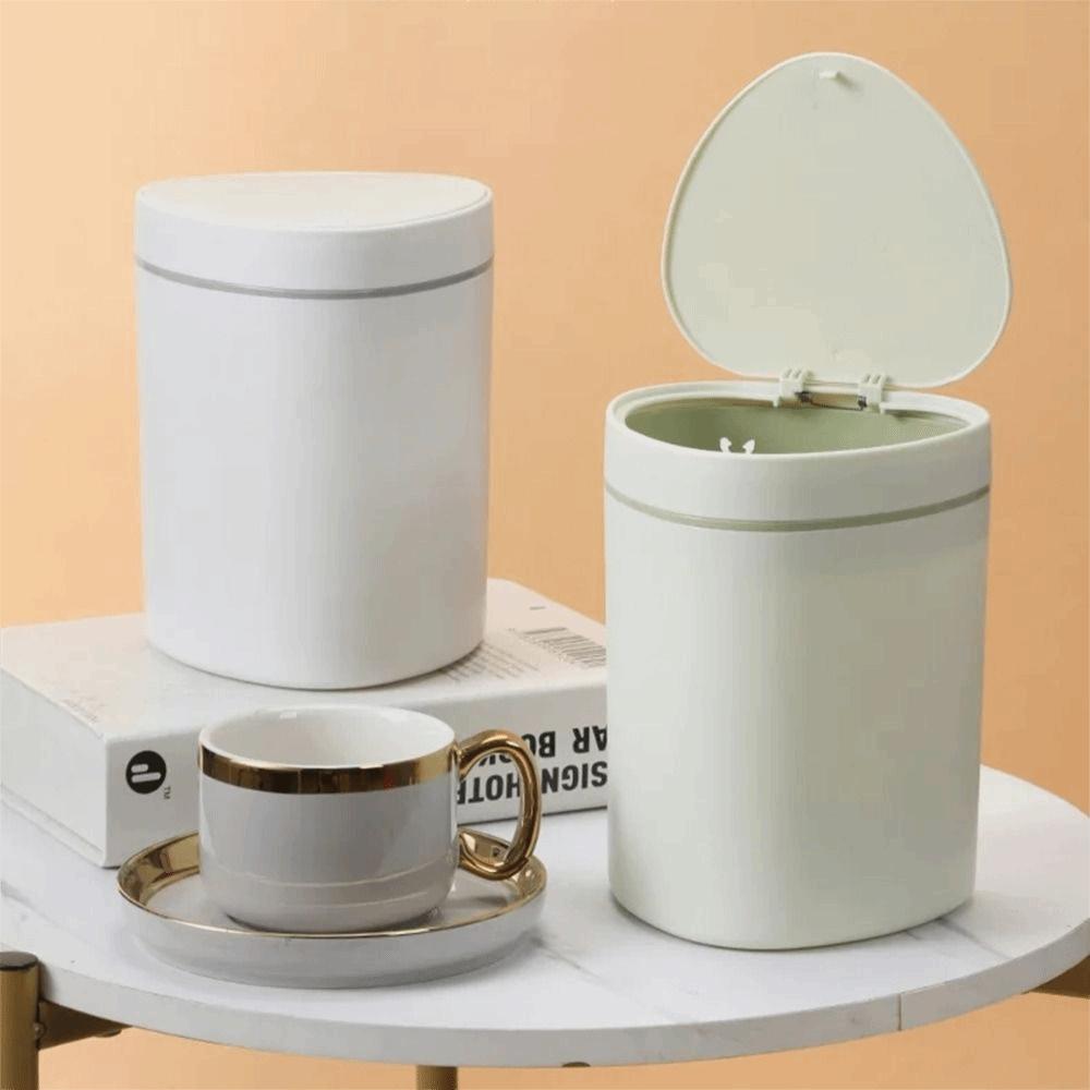 Press Type Small Trash Can with Lid Round/Triangle Plastic Waste Bin Mini Desktop Trash Can Car