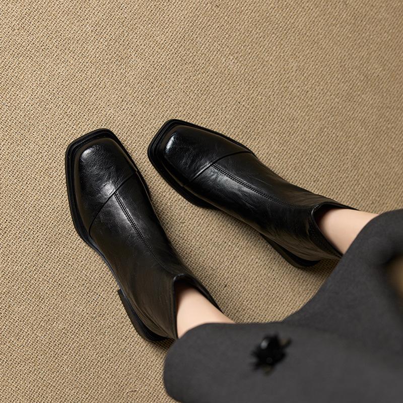 French Women's Boots Retro Thin Women's Boots Thick Heel Square Head Rear Zipper Simple Autumn and Winter Martin Boots