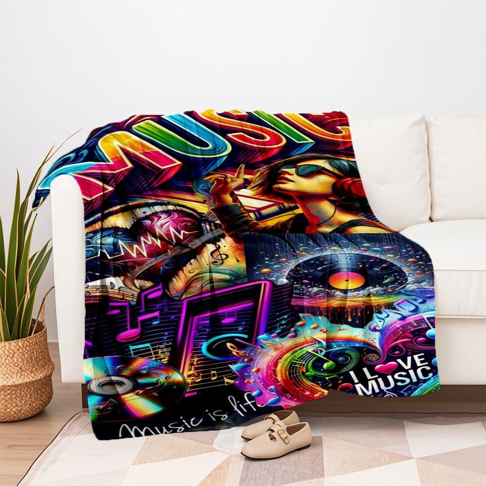 "Music Lovers' Vibrant Poster: 'Music Is Life, I Love Music'"Blanket Flannel Throw Blanket for Sofa, Bed, Travel, Camping, Office
