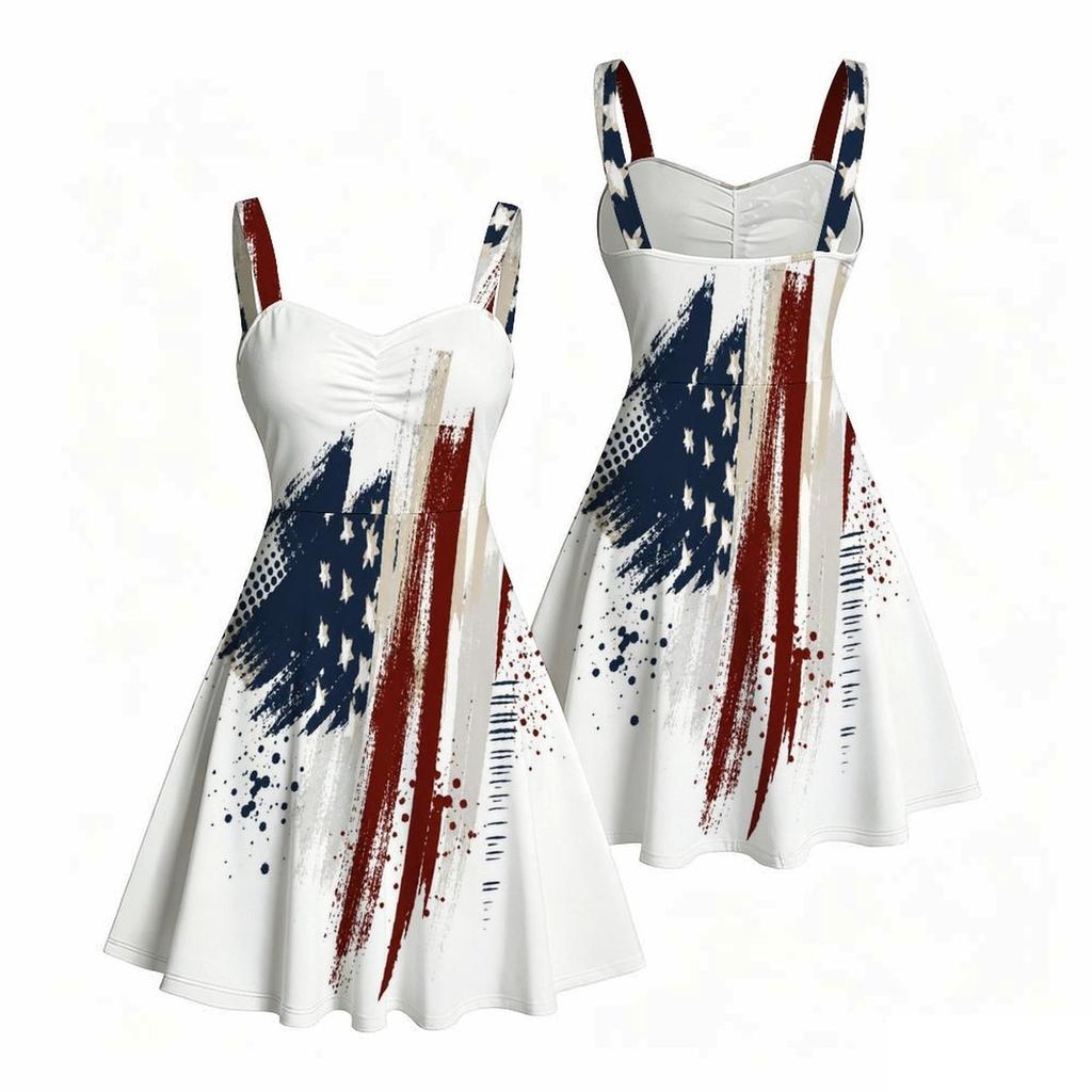 Women Plus Size Off Shoulder Sleeveless Strappy Star Stripe Printed Flared Dress