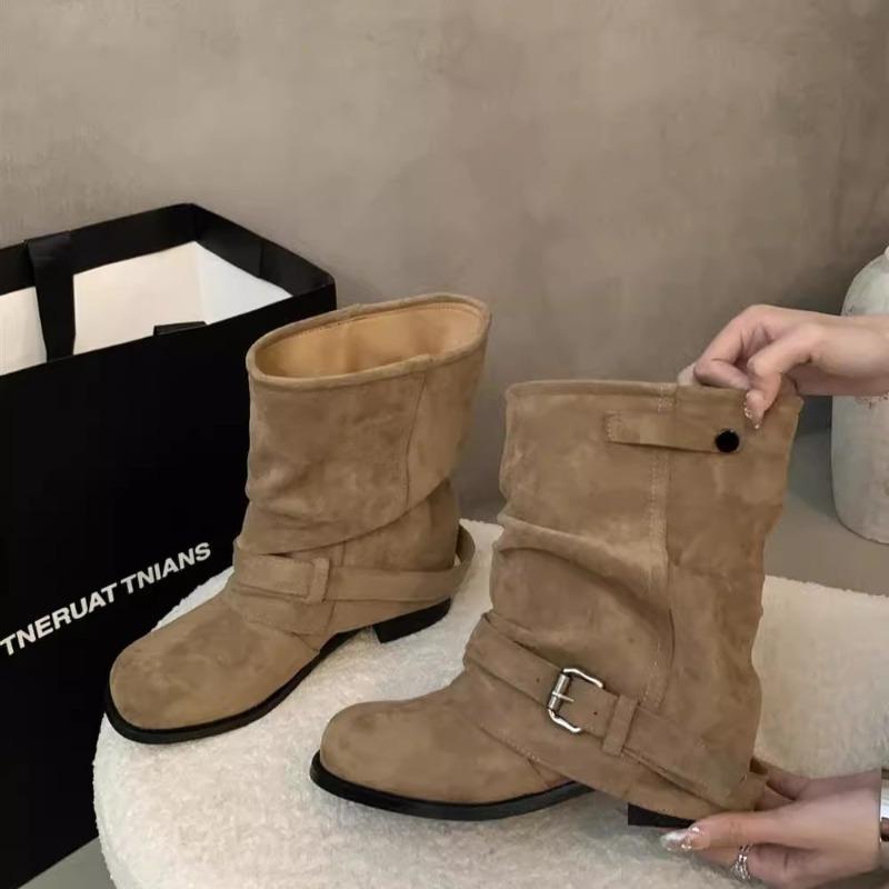 Western Round Head Thick Heel Short Boots Women's Autumn and Winter New Retro Martin Boots Short Flat Heel Trouser Tube Boots