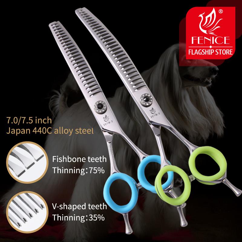 Fenice 7.0/7.5 inch Professional Dog Grooming Shears Curved Thinning Scissors for Dog Face Body Cutiing JP 440C High Quality