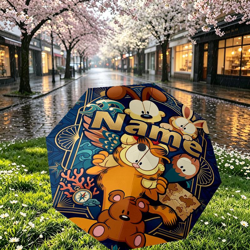 Personalisierter Garfield-Druckschirm mit individuellem Namen, Automatisches Öffnen und Schließen, Stabiler 8-Rippen-Rahmen, Für Pendeln, Camping, Wandern, Geburtstagsgeschenk