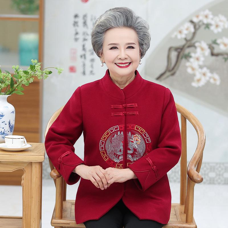 Vintage Women's Spring Woolen Coat - Retro Tang Suit for Middle-Aged and Elderly Ladies