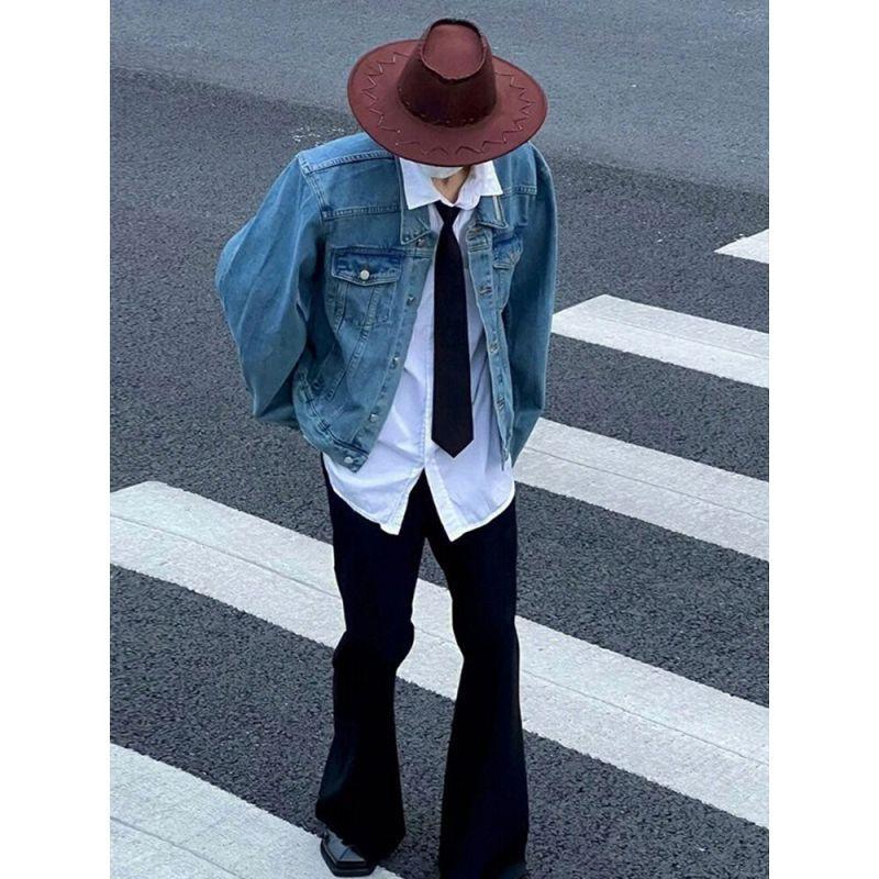 Hellblaue Jeansjacke mit kurzen Schulterpolstern für Herren, Frühling und Herbst, trendige Marke, gewaschen, rüpelhaft, gutaussehend, amerikanische Fliegerjacke mit fortgeschrittenem Sinn