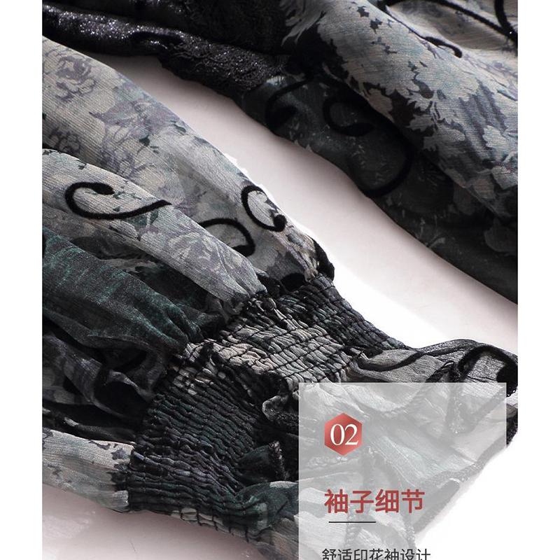 V-neck Lace Chiffon Shirts Women's Spring Autumn Fashion Temperament Velvet Splice T-shirts Loose Size Retro Print Top