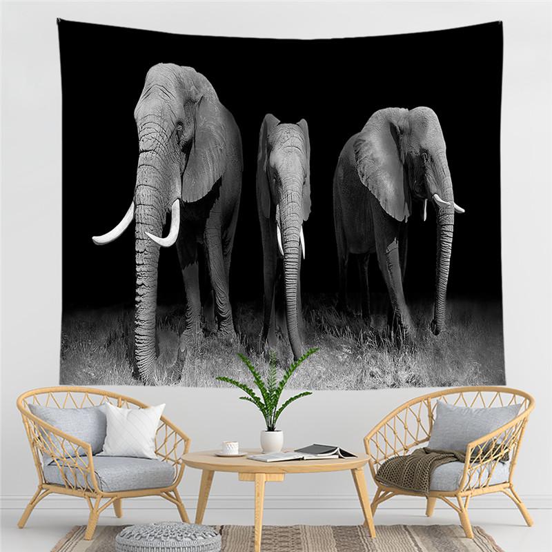 Black and White Elephant Print Pattern Tapestry Bohemian Style Wall Hanging Mandala Polyester Living Room Decoration Tapestry