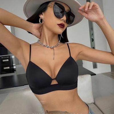 Sutiã Fino Sem Costura Feminino para Seios Pequenos Push Up Redução de Gordura Lateral Anti-Queda Sem Fio com Alças Finas Copo Não Vazio