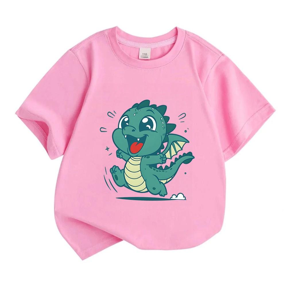 Kids Boys Girls Cute Jumping Cartoon Dragon Print T-Shirt 100% Cotton Short Sleeve O-Neck Casual Summer Soft Breathable Tee Tops for Toddler Youth Chi