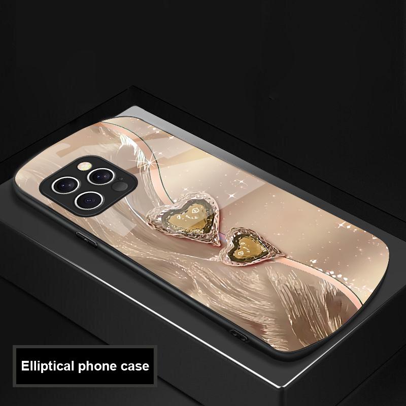 Amber Double Love For IPhone 16 Pro Max 15 Pro 14 13 12 Mini 11 XS Max XR 7 8 Plu SE 2022 Elliptical Glass Phone Case