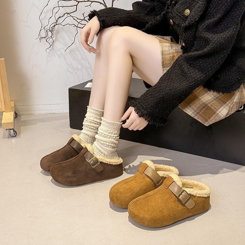 Thick-soled Bag Head Birkenstock Fluffy Slippers, Inner Height Increase, Velvet Warm Cotton Shoes, Winter Wear Half-towed Snow Boots
