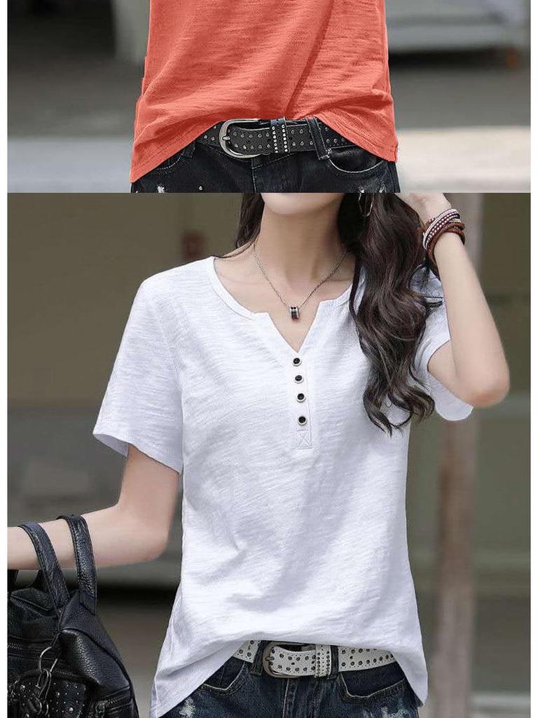 Women's 2024 Summer Plus-Size Retro V-Neck Short-Sleeve T-Shirt - Solid Color, Simple, Versatile, and Trendy.