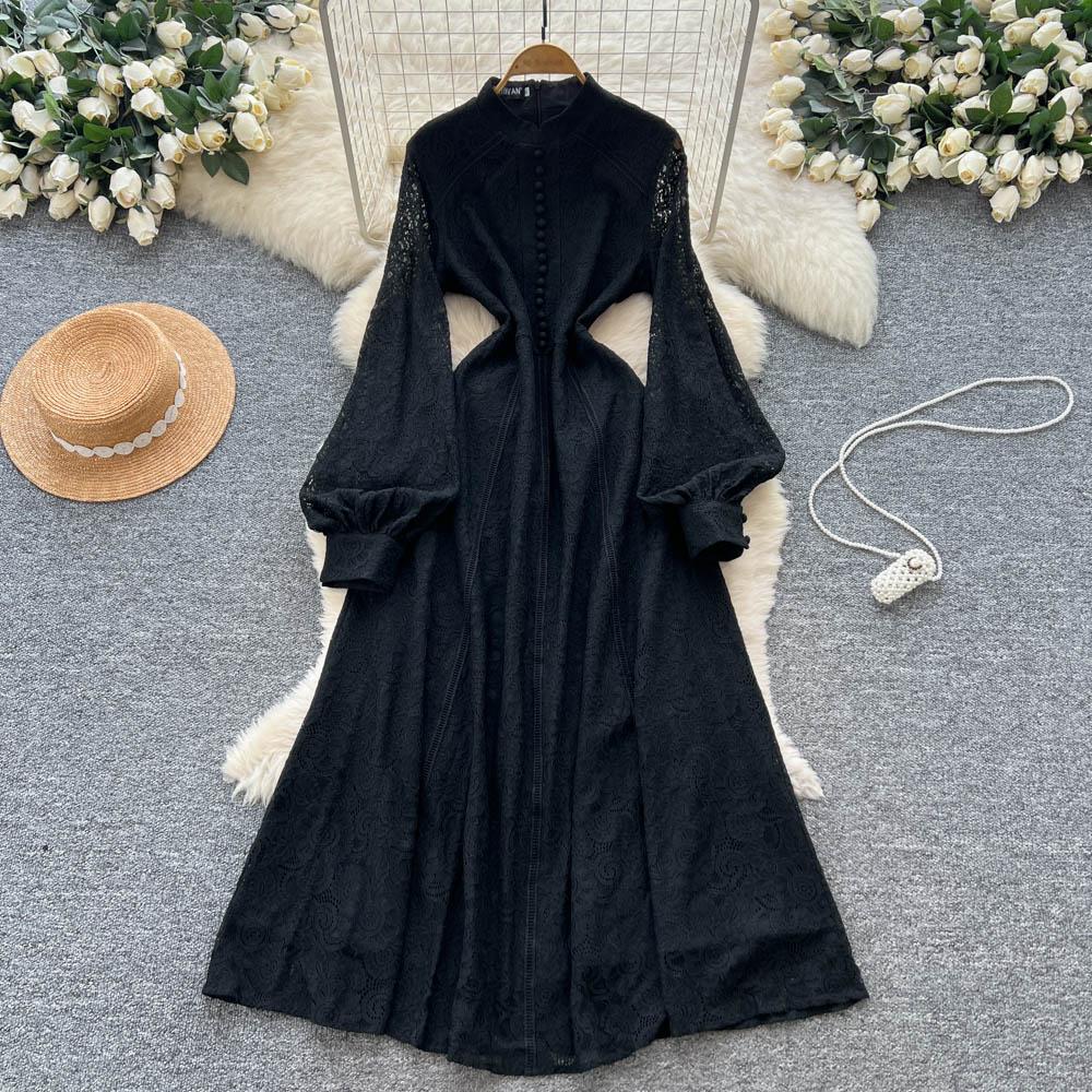 French Court Style Dress Women's Autumn High-end Single-breasted Waist and Thin Temperament Lace Long Dresses