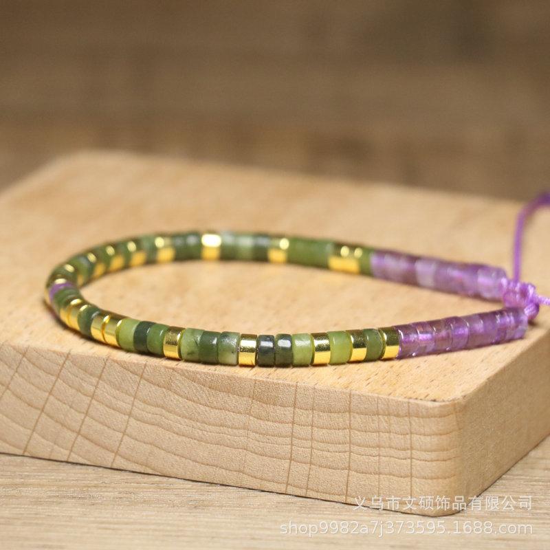 Green Aventurine Amethyst Square Bead Bracelet – Gold Accent Adjustable Boho Jewelry, Serenity Clarity Gift for Women