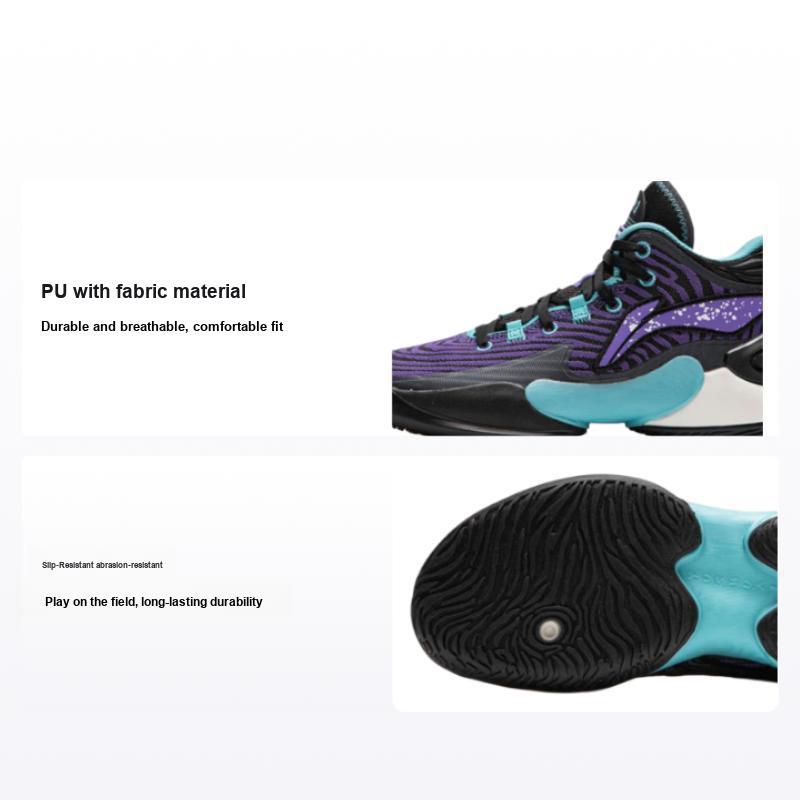 Li Ning Kids Yu Shuai 18 Scarpe da Basket Comode Antiscivolo Resistenti Mid-Top Scarpe da basket per bambini Nero Viola YKBU062-3